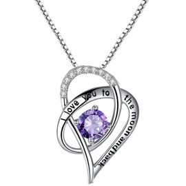 Sterling Silver "I Love You To The Moon and Back" Engraved Love Heart Pendant Necklace - Purple