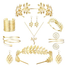 Thunaraz 9 Pcs Greek Goddess Costume Accessories Set for Women Golden Laurel Leaf Crown Headband Upper Arm Cuff Coil Bracelet Pearl Leaf Dangle Earring Bridal Wedding Headpiece Toga Costume Jewelry Two Earrings