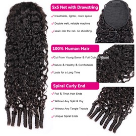 YMS Burmese Curly Ponytail Extensions Human Hair 14 Inch 16A Unprocessed Burmese Raw Human Hair Ponytail for Women Natural Color Clip Ins Drawstring Hair Pieces with Spiral Curly End