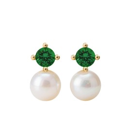 FarF&ME Small Pearl with Green Cubic Zirconia Earrings,18K Gold-Plated Freshwater Pearl Stud,Dainty Earrings for Wedding & Everyday.