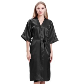 flintronic Kimono Robe Women's Satin Dressing Gown with Belt V-Neck, black satin-xl, XL