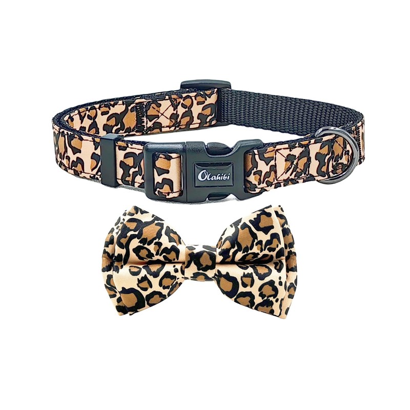 Olahibi Dog Bowtie Collar and Leash Combo Set, Brown Leopard