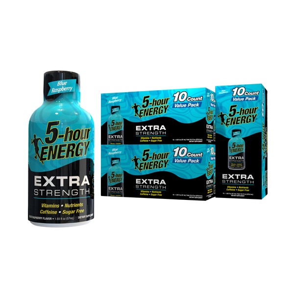 5-Hour ENERGY Shots Extra Strength | Blue Raspberry Flavor | 1.93 oz. 30 Count | Sugar Free 4 Calories | Amino Acids and Essential B Vitamins | Dietary Supplement | Feel Alert and Energized