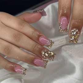 Square Press on Nails Medium Fake Nails with Rhinestones Design Gold Gem Stick on Nails Full Cover Pink False Nails Nude Glossy Acrylic Nails French tip Glue on Nails for Women Manicure Decor 24Pcs
