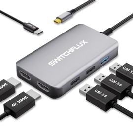 SWITCHFLUX USB C Docking Station Dual Monitors Adapter,6 in 1 USB C Hub for Dual 4K HDMI Display,USB C Hub with 2×HDMI,3×USB Port,100WPD Compatible for MacBook Air/Pro,Dell XPS,and More