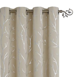 BUHUA Beige Foil Printed Branches Blackout Curtains Grommet Room Darkening Curtains for Bedroom 52W×63L Inch 2 Panels
