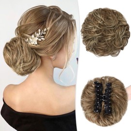 RUWISS Claw Clips in Messy Bun Hair Piece 100% Human Hair Buns Wavy Curly Chignon Hair Bun Extension Tousled Updo Hair Bun Real Human Hair Scrunchie with Clip for Women（Brown Mixed Light Blond）