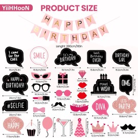 31 Pcs Birthday Photo Booth Props and Pull Flag, Black and Pink Photobooth Props Fun, Funny Photo Props with Happy Birthday Pull Flag Cute Selfie Birthday Party Decoration for Women