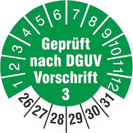 Pack of 100 tested according to DGUV regulations, 3 test labels/test badges, 30 mm, round, 2026-2031