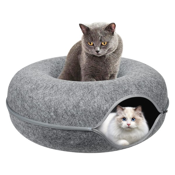 Cat Tunnel Bed, Cat Cave Bed ，Beds for Indoor Cats - Large Cat House for Pet Cat Cave ，Detachable Round Felt & Washable Interior Cat Play Tunnel for Small Pets (24 Inch, Dark Grey)