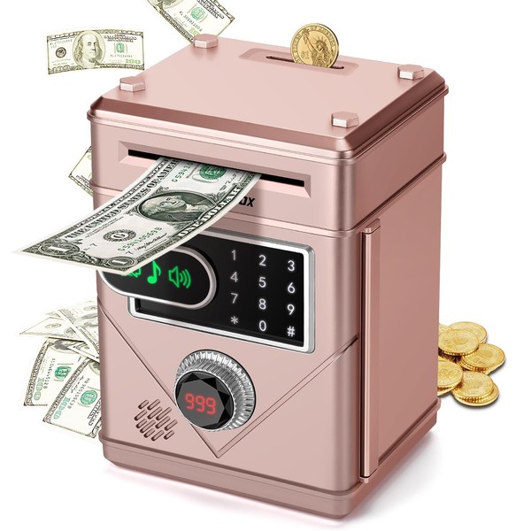 Kids Piggy Bank,Refasy Electronic Money Bank Money Savings Box for Boys Girls Touchscreen Coin Bank ATM Piggy Bank Toys for Kids Age 5-13 Password Money Box Birthday Gifts for Kids(Rose Gold)