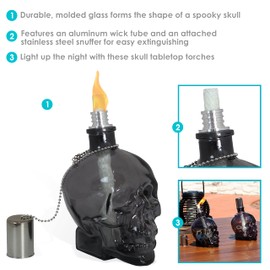 Sunnydaze Grinning Skull Glass Tabletop Torches - Outdoor Patio Lighting - Includes Wicks and Attached Snuffers - Set of 4 Refillable Torches - Black