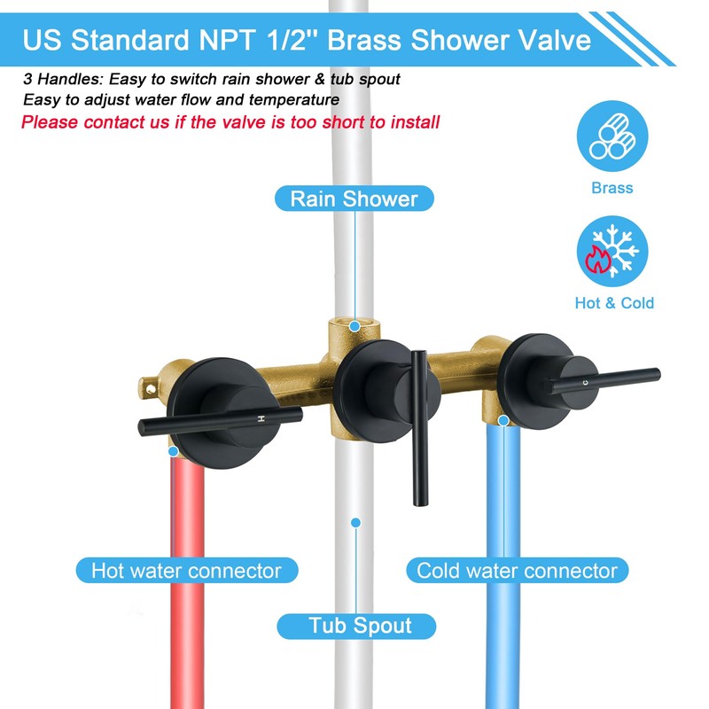SUBEIXI 3 Handle Tub Shower Faucet Matte Black Tub and