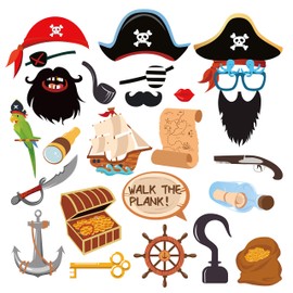 Pirate Party Decorations Photo Booth Props Treasure Hunt Themed Happy Bday Party Decorations Photo Props Party Supplies Funny Photography Supplies Selfie Props with Stick-25PCS (Pirate)