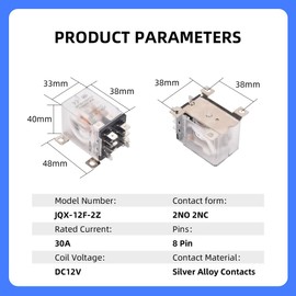 CNAODUN JQX-12F-2Z DC 12V Coil 30A 2NO 2NC DPDT 8 Pin General Purpose High Power Relay…