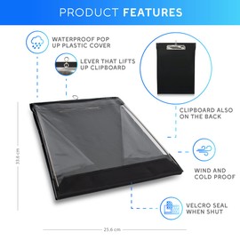 volila Waterproof Clipboard - (33.6 x 25.6cm) Portrait Waterproof Clipboard A4 with Transparent PVC Screen - Black Clipboard with Cover to Protect Documents from Rain, Snow and Dust Particles