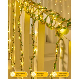 Minetom Vine Fairy Lights Battery Operated: 21ft 60 LED Leaf-Embellished Hemp Rope Fairy Lights with Remote - Twinkle String Lights for Girls Bedroom Dorm Room Wall Decorations