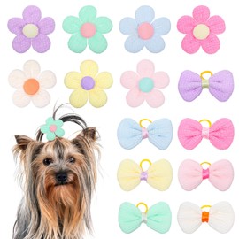 14 Pcs Dog Hair Bows Small Dog Bows Handmade Flower Puppy Hair Accessories with Rubber Band Mixed Colors Dog Bowknot Bulk for Small Cat Pet Hair Holiday Daily Party Birthday Accessories