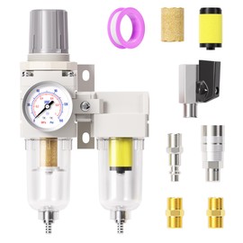 TAILONZ PNEUMATIC 0-150PSI 1/4 Inch NPT Particulate Filter+Coalescing Filter Air Filter Pressure Regulator Combo Piggyback, Air Tool Compressor Filter (Semi-Auto Drainage）