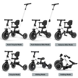 XJD Toddler Bike, 6 in 1 Folding Toddler Tricycle for 1-4 Year Old with Parental Control Handle, Balance Bike with Removable Pedal, Backrest, Adjustable Seat, First Birthday Gifts (White)