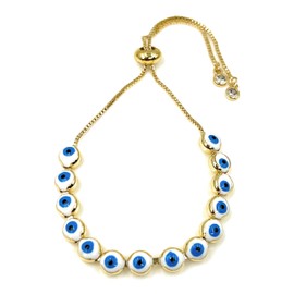 LESLIE BOULES White and Blue Evil Eye Bracelet for Women - Handcrafted with Adjustable Gold Chain for Protection and Style (White)