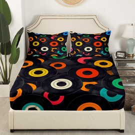 Homewish - Juego de sábanas con temática musical multicolor con diseño de discos de vinilo con bolsillo profundo, funda de colcha de microfibra suave de poliéster (1 sábana bajera + 2 fundas de