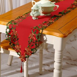Tatuo Christmas Embroidered Table Runner Xmas Flower Red Table Cover Christmas Leaf Table Linens for Christmas Holiday Home Dining Decoration Wedding Party Gift Supplies (15 x 70 Inch)