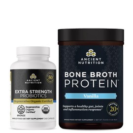 Ancient Nutrition Regenerative Organic Certified Extra Strength Probiotics Capsules, 60 Count + Bone Broth Protein Powder, Vanilla, 20 Servings