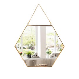 LONGWIN Hanging Wall Hexagon Mirror Decor Gold Geometric Mirror with Chain for Bathroom Bedroom Living Room 11.8"x 10.2"