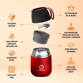 Vacuum Insulated Food Jar. Bowl incl. Folding Spoon, Cup. Wide Mouth Keep Hot & Cold Drinks Soup Lunch Container for Adults. BPA-Free Stainless Steel, Leak Proof Radiant red, 17oz