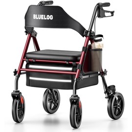 Bluelog Walkers for Seniors Rollator Walkers with Seat, 350lb Capacity with Cup Holder & Cane Holder, 8'' All Terrain Wheels, Adjustable Handles and Seat Height, Foldable Design, Burgundy
