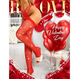 RSLOVE Women Thigh High Stockings Sparkly Rhinestone Fishnets with Satin Bow Tights Pantyhose Hosiery Red