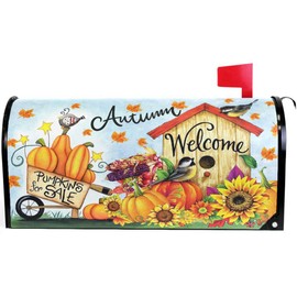 Pfrewn Autumn Pumpkin Sunflower Mailbox Cover Magnetic Standard Size Fall Leaf Birds Harvest Letter Post Box Cover Wrap Decoration Welcome Home Garden Outdoor 21" Lx 18" W