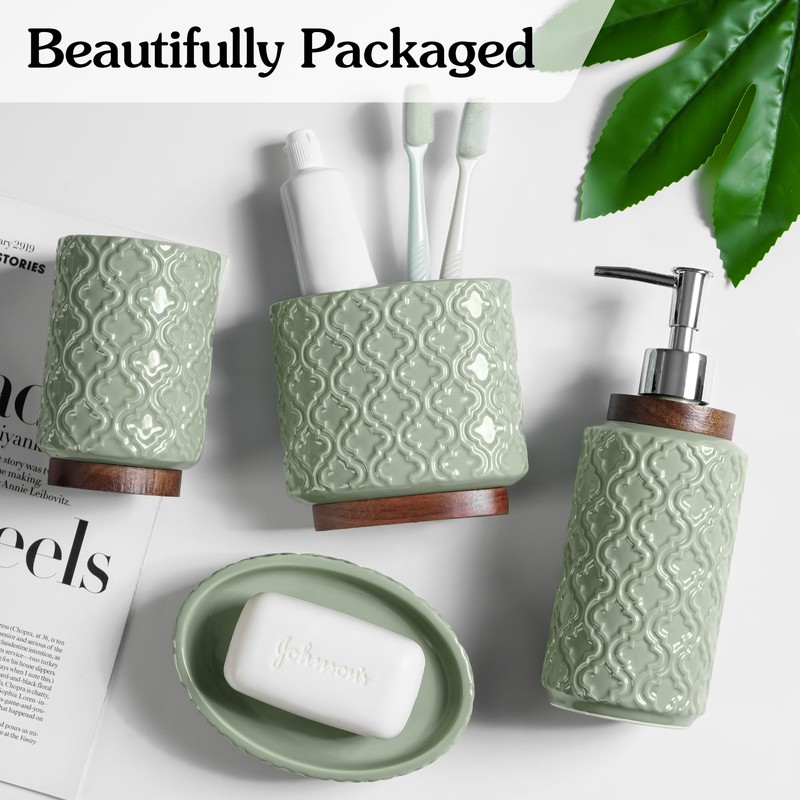 RQYIXI Elegant Bathroom Accessories Set 4 PCS Ceramic and Wood