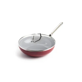 Red Volcano Textured Ceramic Nonstick, 11" Flat Bottom Wok Stir-Fry Pan with Lid for High Heat Cooking, Oven & Broiler Safe to 600 Degrees, Dishwasher Safe, PFAS PFOA & PTFE Free, Red