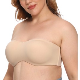 Exclare Women's Strapless Bra Minimizer Seamless Anti-Slip Underwire Unlined Bandeau Plus Size(34DD, Beige)