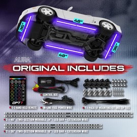OPT7 Aura Aluminum Underglow Lighting Kit w/Keyless Unlock Light, 4pcs Exterior Neon Accent LED Underbody Strip, Multicolor Modes, Waterproof, Soundsync, Door Assist, Remote Control, Car Truck RV