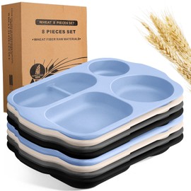 Vesici 8 Pcs Large 12 Inch Unbreakable Divided Plates for Kids Adults - Wheat Straw Tray - Microwave Dishwasher Safe - Reusable Plastic Compartment Plates(Black, Dark Gray, Blue, Beige)