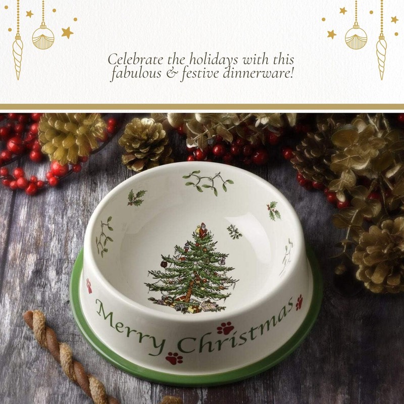 Spode Christmas Tree Pet Feeding Bowl - 8.5-Inch Stoneware Dish