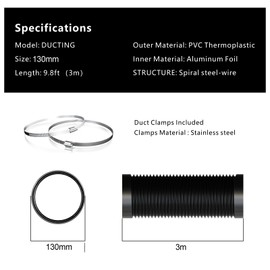 Aygrochy Aluminium PVC Ventilation Ducting with 2 Clamps,125mm Air Duct Flexible Hose for Universal Tumble Drier, Cooker Hood, Extractor Fan(125mm*3m)