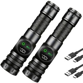 MC-ELIN 2PC Rechargeable Flashlights High Lumens 10000 Long Distance, Super Bright LED Flash Light Long Lasting USB C LCD Display, Double Light Source Flashlight for Camping Hiking Emergency