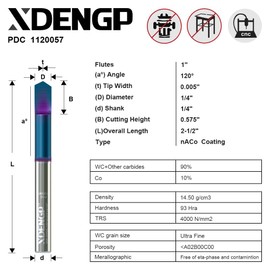 XDENGP 120 Degree V Groove Router Bit for CNC, Carbide V Groove Bit 0.005" Tip Width 1/4 Inch Shank with NACO Coated, CNC Carving Bits for Engraving and Signmaking Carving