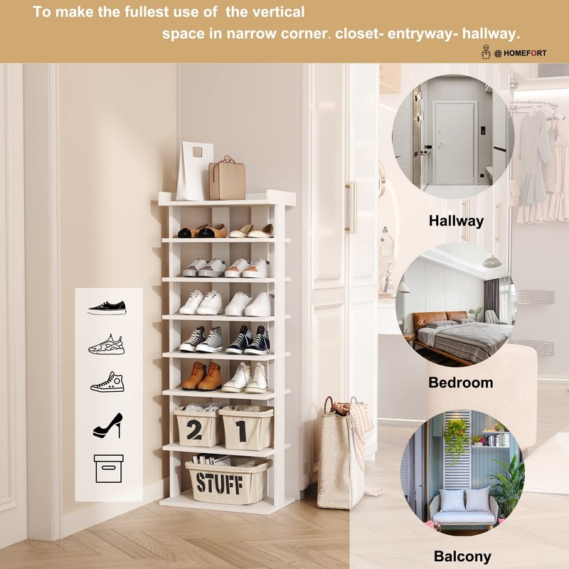 HOMEFORT 7-Tier Wood Shoe Rack, Double Rows 7-Tier Shoe Shelf,