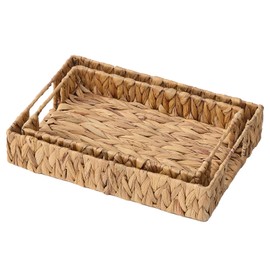 Hand-Weaving Wicker Serving Tray with Handle, Natural Grass Weaving for Storage or Decoration, Set of 2 Rectangle
