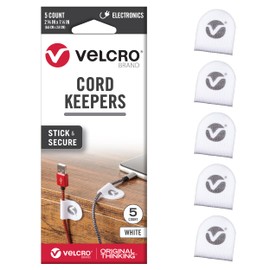 VELCRO Brand Cord Keepers | Charging Cord Organizer, Cord Holder for Nightstand, Desk | Removable Adhesive Backing | Soft Nylon Cable Clips | 5pk, White