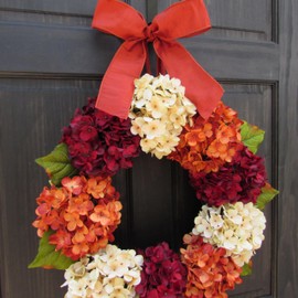 Hydrangea Fall Wreath – Thanksgiving Front Door Decoration – Late Summer Porch Decor – 16”, 22”, 24” Size Option