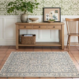 jinchan Floral 3x5 Area Rugs, Machine Washable Ultra-Thin Soft Low-Pile Non-Slip Vintage Botanical Aesthetic Throw Carpet for Entryway, Bedroom, Kitchen, Living Room, Nursery, Blue/Cream