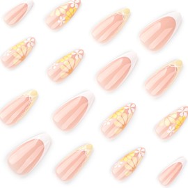 Summer French Tip Press on Nails Medium Almond Fake Nails with Yellow White Flower Designs Glossy Full Cover White Bow False Nails Cute Floral Glue on Nails for Women and Girls, 24Pcs