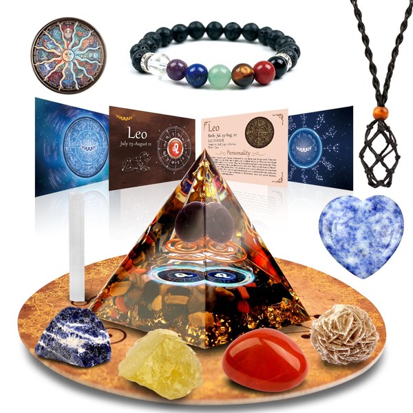 vuUUuv Horoscope Orgone Pyramid, Leo Healing Crystal Gift Set, Zodiac Sign Stones, Accompanying Birthstone, for Astrology, Reiki, Energy, Meditation