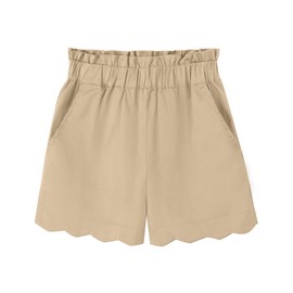Noomelfish Girls Scalloped Stretch Twill Pull On Shorts with Pockets, Khaki, Size 7-8 Years